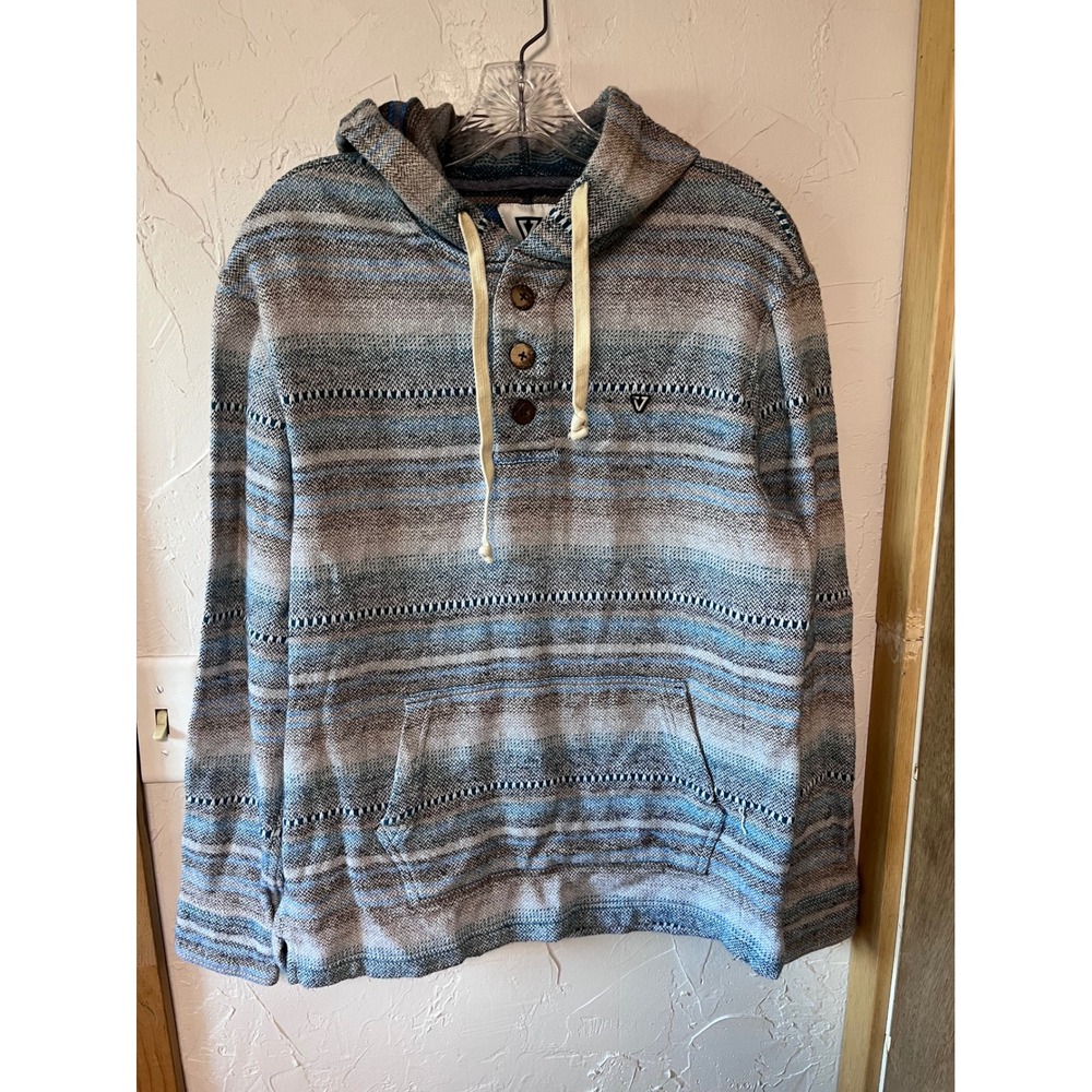 Vissla Mens Medium Blue Striped Baja Henley Hoodie Woven Cotton Pullover Sweater